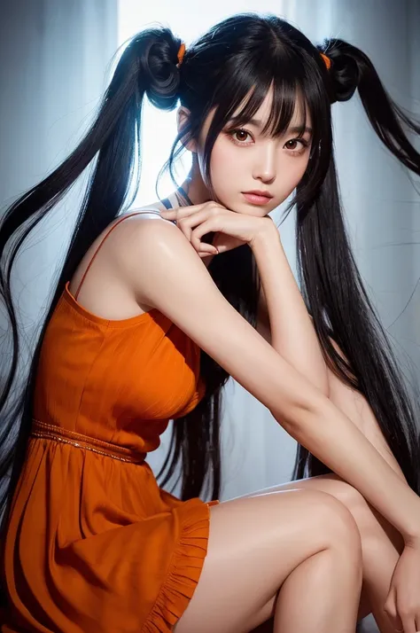 Create an ultra-realistic, lifelike image of a Japanese beauty character with long black hair in twin-tails. She is wearing a thin, flowing orange dress that appears to be intertwined with a liquid-like substance. The character is seated, hugging her knees...