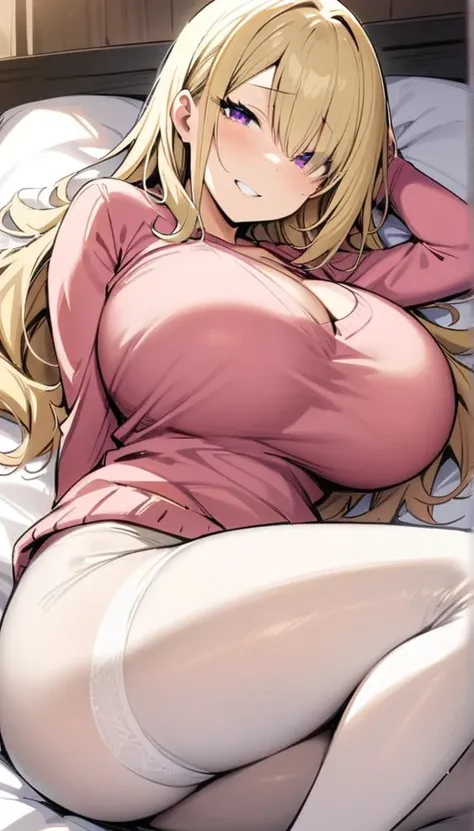 ((Best Quality)), ((Masterpiece)), (detailed), 1 girl, Pastel yellow hair, long hair, hair covers one eye, purple eyes, tight, big breasts, big thighs, expression smiling shy, Pink sweater, short negros tights, small white tights, lying on one side, lookin...