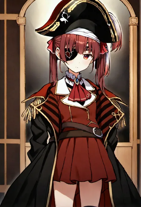 Hair Ribbon, Red Ascot, Red Skirt, belt, Leotards worn under clothing, Black leotard, Black knee socks, Black coat, pirate hat, Eye patch, Red eyes