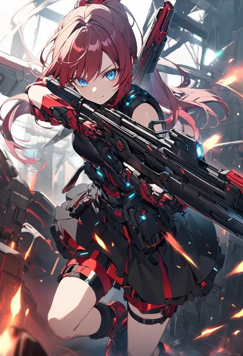 Full body internet girl with ponytail. Bright red indicates that she is an online girl. Anime characters with red hair and black costumes holding guns, But there are skirts. She also has blue eyes. The environment is similar to a terminator. Hair is black....