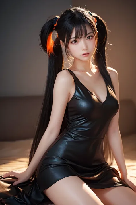 Create an ultra-realistic, lifelike image of a Japanese beauty character with long black hair in twin-tails. She is wearing a thin, flowing orange dress that appears to be intertwined with a liquid-like substance. The character is seated, hugging her knees...