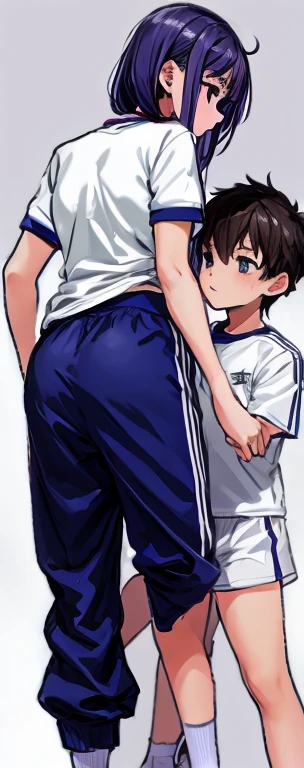 Momoko Koigakubo, a tall girl with beautiful legs, is wearing a white gym uniform and light navy blue bloomers that look like panties, standing with a second-grade boy wearing a tracksuit.。Momoko Koigakubo is stroking a boy&#39;s head。