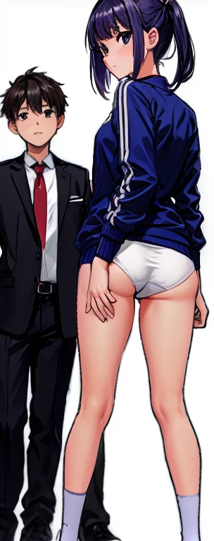 Momoko Koigakubo, a tall girl with beautiful legs, is wearing a white gym uniform and light navy blue bloomers that look like panties, standing with a second-grade boy wearing a tracksuit.。Momoko Koigakubo is stroking a boy&#39;s head。