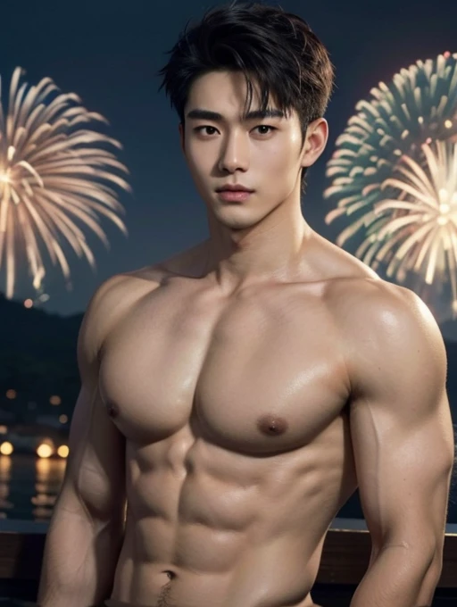 a naked man, Japanese Festivals、firework、evening、The whole body is depressed、Completely naked、shirtless , realistic handsome Korean face , modest muscles , masterpiece、A high resolution、Hyperrealism、detailed face、独奏、a men、glowing skin、(ASİAN)、(young、teenag...