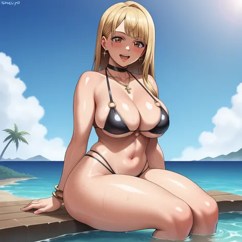 1girl, breasts, swimsuit, bikini, blonde_hair, jewelry, solo, black_bikini, navel, outdoor, wet, bracelet, necklace, sky, thighs, shiny_skin, long_hair, water, sitting, earrings, smile, big_breasts, daytime, micro_bikini high legs, thick_thighs, cloud, shi...