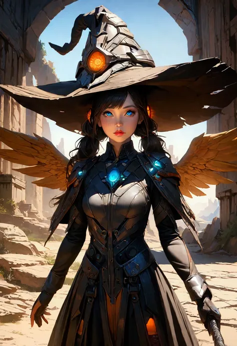 witch hat, twin tails, high tech scythe, angel wings, sci-fi clothes, ancient ruins, 1girl, beautiful detailed eyes, beautiful detailed lips, extremely detailed face and hair, longeyelashes, cinematic lighting, dramatic shadows, vibrant colors, 8k, high re...