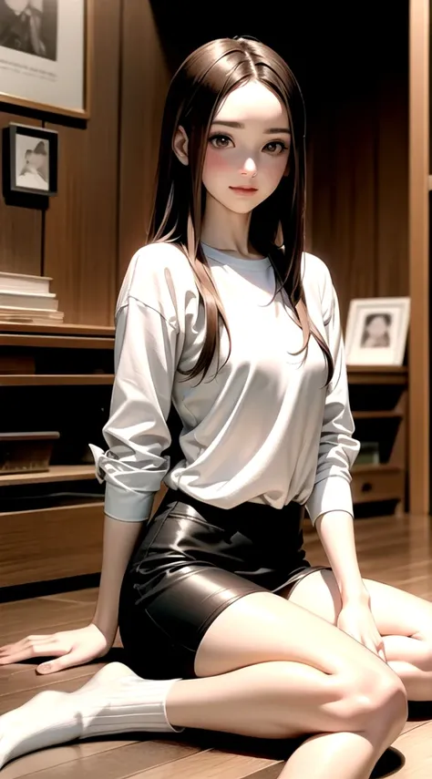 indoor, bedroom, ((W-shaped sitting on the floor)), , Long hair, Brown hair, Brown eyes, (Perfect skin, Realistic skin), Qingfu, White shirt, White socks, White, Exquisite fabric highlights, Sexy:1.1, Smile, blush:1.2,  Takagi Sensei First Style, (masterpi...