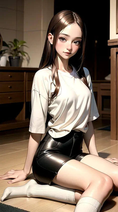 indoor, bedroom, ((w-shaped sitting on the floor)), , long hair, brown hair, brown eyes, (perfect skin, realistic skin), qingfu,...