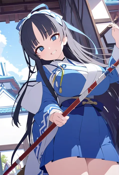 masterpiece,Highest quality,High resolution,Super detailed,hyper quality, highly detailed, (((gripping Spear))), The best smile、(((Blue and white shrine maiden costume))), (((青いmicro mini skirt))), Black hair straight、long hair、I dont wear anything on my f...