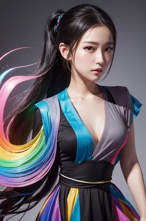 Create an ultra-realistic, lifelike image of a Japanese beauty character with long black hair in a ponytail. She is wearing a thin, flowing dress intertwined with a rainbow-colored liquid. The character is posed showing half of her body, looking directly a...