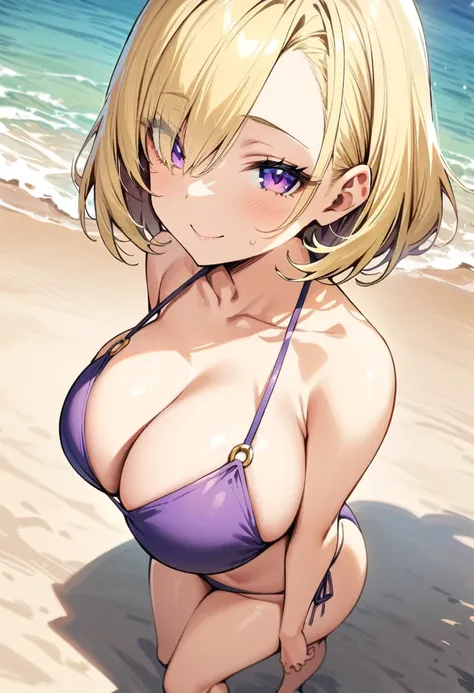 ((Best Quality)), ((Masterpiece)), (detailed), 1 girl, Pastel yellow hair, wide, hair covers one eye, purple eyes, big breasts, big thighs, expression smiling shy, wearing purple slim bikini, on the beach, perspective from feet to cavesa, looking at the vi...