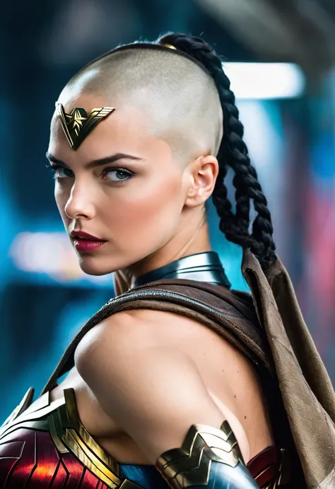 (((In extreme close-up, a beautiful Cyber Punk woman with a completely shaved head Diaema led Wonder Woman Adriana Lima under the mantle of the Amazon warrior Wonder Woman (((Completely shaved head))),(((Diaema Led Wonder Woman front images images color Sp...