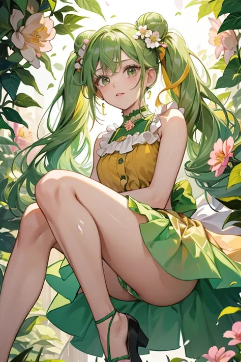 Mari is a brown-skinned girl with black button eyes and pale pink cheeks. Her hair is a golden blonde with the bangs being rolled back, except for a single lock. Her pigtails/buns entirely consist of flowers and are held with two small ivy-green hair bows....