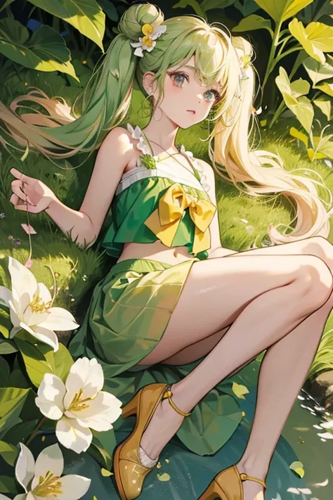 Mari is a brown-skinned girl with black button eyes and pale pink cheeks. Her hair is a golden blonde with the bangs being rolled back, except for a single lock. Her pigtails/buns entirely consist of flowers and are held with two small ivy-green hair bows....