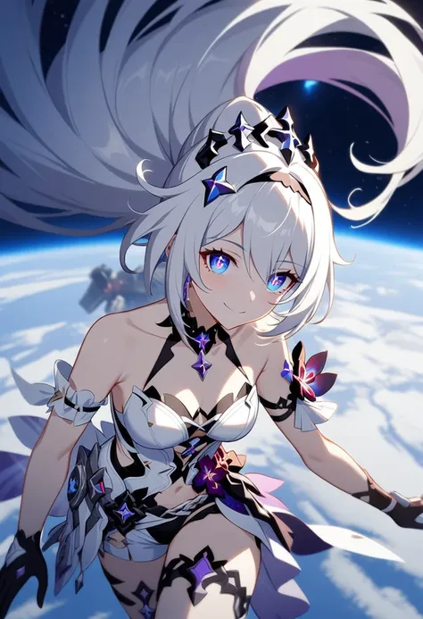 1girl, kiana kaslana \(herrscher of finality), honkai impact 3rd, ponytail, smile, extremely detailed eyes, moon base, earth, ou...