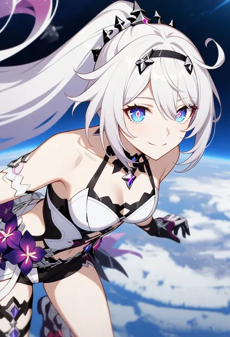 1girl, kiana kaslana \(herrscher of finality), honkai impact 3rd, ponytail, smile, extremely detailed eyes, moon base, earth, ou...