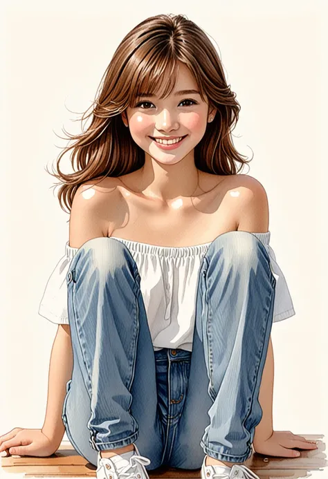 Hand-drawn watercolor illustration, One Girl,Brown Hair（Straight Hair）,off shoulder（white）,jeans,15 years old,smile,cute, cute, Simple, Pencil line drawing