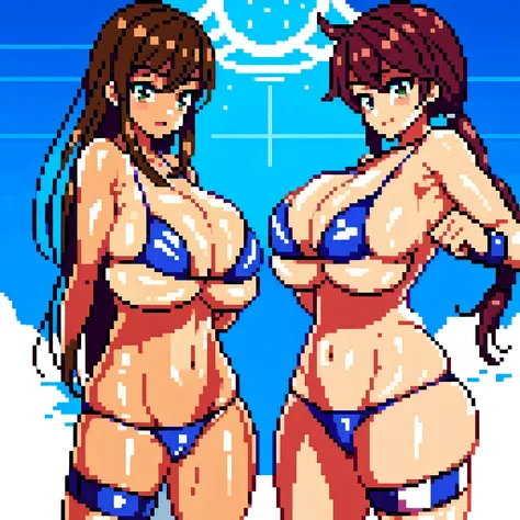 NSFW , hentai style , Wear blue beach volleyball costume , Face to face and throw punches at each other , Two boxer girls , Wear boxing groves , So huge oppai.