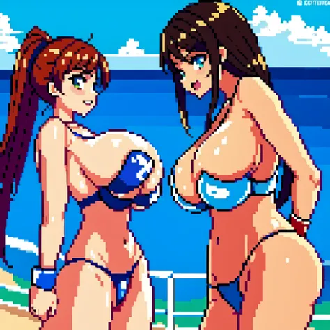 NSFW , hentai style , Wear blue beach volleyball costume , Face to face and throw punches at each other , Two boxer girls , Wear boxing groves , So huge oppai.