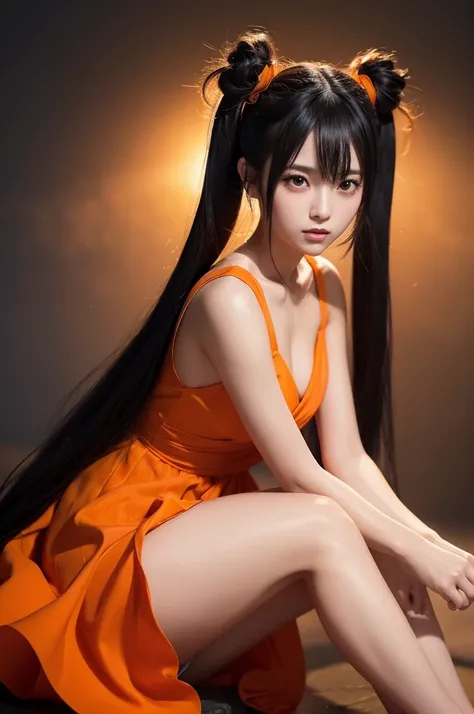 Create an ultra-realistic, lifelike image of a Japanese beauty character with long black hair in twin-tails. She is wearing a thin, flowing orange dress that appears to be intertwined with a liquid-like substance. The character is seated, hugging her knees...