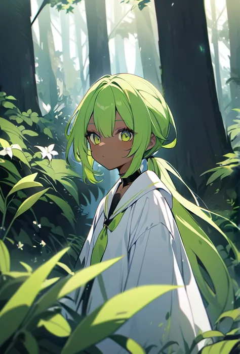 lily_entomach, 1girl, solo,  ponytail, green hair,  dark skinned female, outdoors, forest, 