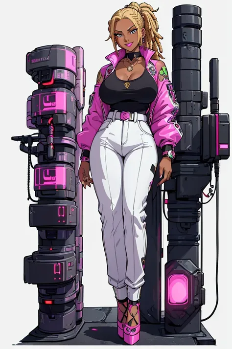 (masterpiece, best quality, high resolution, ((huge breasts)) 1 beautiful woman, blonde hair in a ponytail with cyberpunk style dreadlocks, ((dark skin)) pink lips, cyberpunk style shirt long sleeve, showing shoulders, white cyberpunk style pants, earrings...