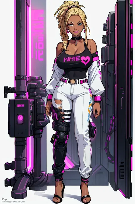 (masterpiece, best quality, high resolution, ((huge breasts)) 1 beautiful woman, blonde hair in a ponytail with cyberpunk style dreadlocks, ((dark skin)) pink lips, cyberpunk style shirt long sleeve, showing shoulders, white cyberpunk style pants, earrings...