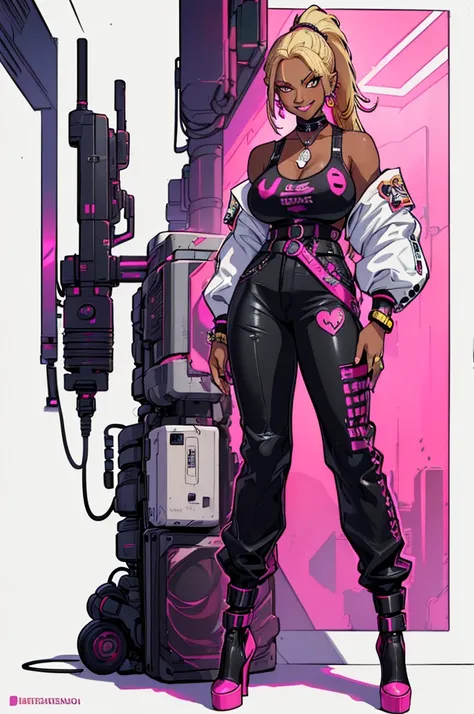 (masterpiece, best quality, high resolution, ((huge breasts)) 1 beautiful woman, blonde hair in a ponytail with cyberpunk style dreadlocks, ((dark skin)) pink lips, cyberpunk style shirt long sleeve, showing shoulders, white cyberpunk style pants, earrings...