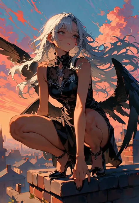 ((Highest quality)), ((masterpiece)), (detailed), One girl,Silver Hair,Long Hair，Dark Skin,Wearing a black sleeveless dress，Wear black high heels，Squatting pose on top of a chimney,Morning sky，cloud，He has black wings on his back like a fallen angel.，Look ...