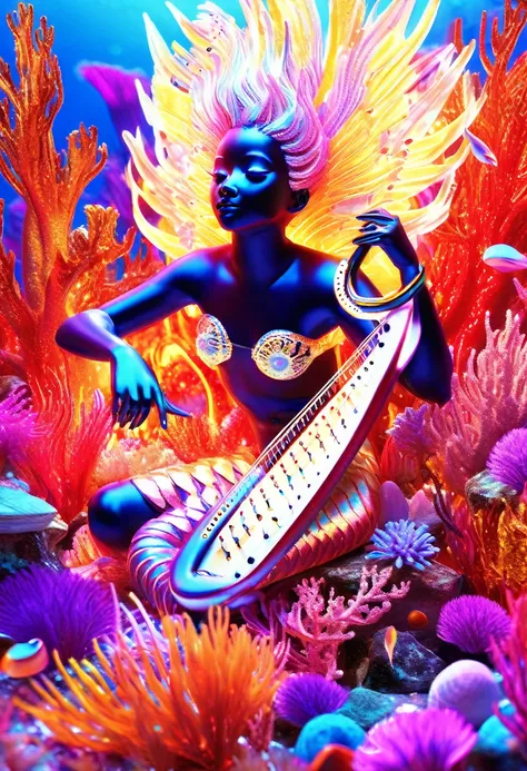 a luminescent 3d render of a black mermaid underwater playing the harp, reclining amidst a kaleidoscopic of coral reefs and seas...