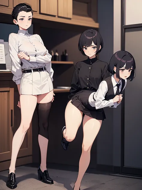 anime screenshot, 21 year old girl, shy, White shirt, wine colored skirt, black mid thigh stockings, voluptuous body, small waist, fair and flushed skin, short black hair above the shoulders, 4 pompadour hairstyles and short hair on the sides. method, full...