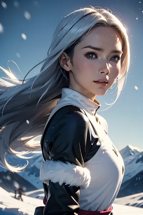 One girl, Summit, Silver hair tousled by the wind, 雪のSummitを映す目, Alpine Costume, Snowstorm all around, With ice crystals, masterpiece, Highest quality, Highlights in ArtStation