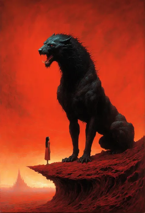 Mythical black beast, author：Zdzislaw Beksiński、girl、red