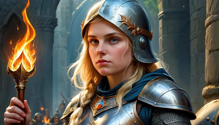 highly detailed, uhd, 32k, medieval fantasy, heavy metal magazine cover, oil on canvas. a 21 years old blond human female chubby...