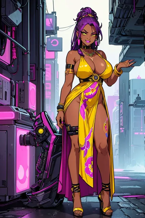 (masterpiece, best quality, high resolution, ((huge breasts))1 beautiful woman, purple hair tied in cyberpunk style dreadlocks, ((dark skin)) pink lips,, yellow dress with print cyberpunk style lepoardo, black heels earrings, bracelets, necklaces, choker, ...