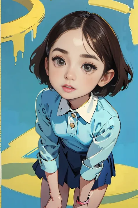 Cute baby face girl、9 years old，Very chibi，very short，Brown eyes，freckle，Thick eyebrows，Bangs，Anatomically correct、Supermodel、Blue Background、Short skirt，Spat