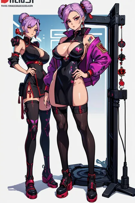 (masterpiece, best quality, high resolution, ((huge breasts)) woman, lilac hair collected in 2 buns, very sexy red sleeveless Chinese dress in cyberpunk style, black cyberpunk style jacket, earrings, bracelets, black stockings, Chinese shoes (, white backg...