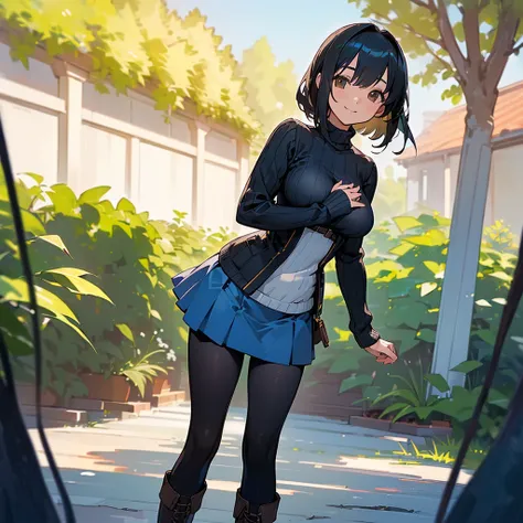 (high quality, High resolution, Very detailed, reality:1.37), Peaceful atmosphere, (Outdoor, garden), Teenage girl standing alone, (my breasts are big.), Beautiful details, Cute Smile, (Black bob hair), Ribbed sweater, Blue Skirt, Black tights, Brown boots...