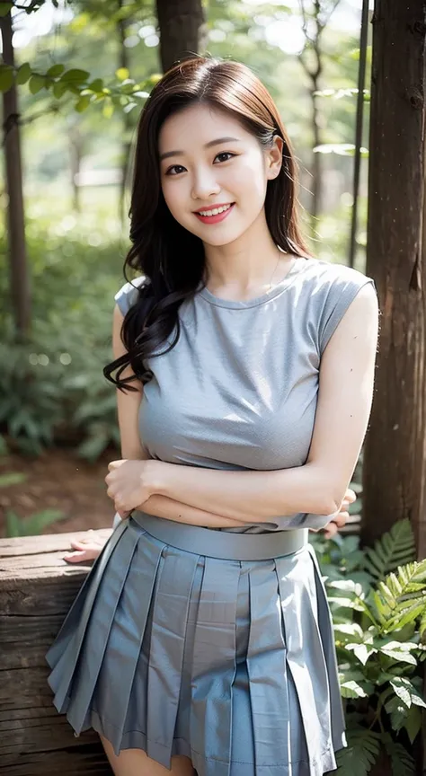 Highest quality, 1 beautiful woman, 28 years old,  Large breast bulges, s, 35mm lens, F/1, Cowboy shot, Specific Background、(A girl in the forest), Perm、sweat　((light gray shirt)), sleeveless,((Short pleated skirt:1.3))，(a charming smile:1.2), 