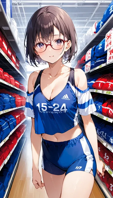 Cropped Jersey、hot pants、Glasses、Cleavage、sports warehouse、15 years old、School、Small face