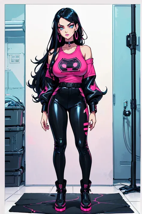 (masterpiece, best quality, high resolution, ((huge breasts)) 1 beautiful girl, very long black hair, blue eyes, pink lips, red cyberpunk style long-sleeved t-shirt, showing the shoulders, black leather pants cyberpunk style hoop earrings, choker, bracelet...