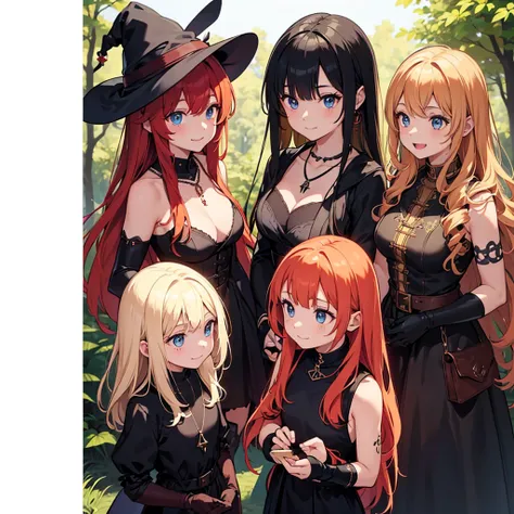 a group of beautiful witch girls in the middle of a forest in the night, tribal tattoo ,multiple girls, five girls, red and blonde hair , standing girl young girl, gloves, elbow pads, boots, smiles, small breasts, long black dress, necklaces, jewelry decor...