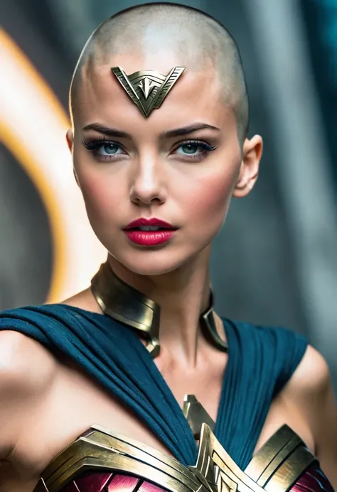 (((In extreme close-up, a beautiful Cyber Punk woman with a completely shaved head Diaema led Wonder Woman Adriana Lima under the mantle of the Amazon warrior Wonder Woman (((Completely shaved head))),(((Diaema Led Wonder Woman front images images color Sp...