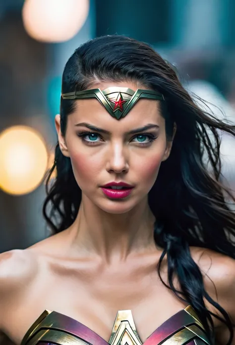 (((In extreme close-up, a beautiful Cyber Punk woman with a completely shaved head Diaema led Wonder Woman Adriana Lima under the mantle of the Amazon warrior Wonder Woman (((Completely shaved head))),(((Diaema Led Wonder Woman front images images color Sp...