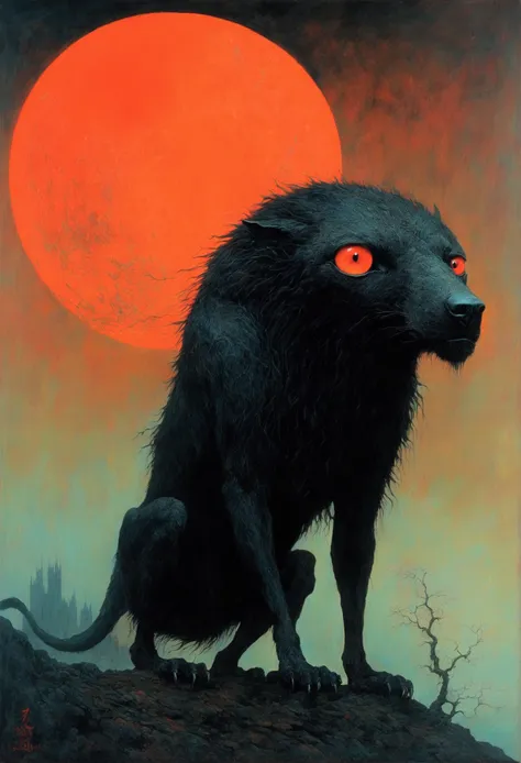 mythical black beast, author：zdzislaw beksiński、big eyes、red moon