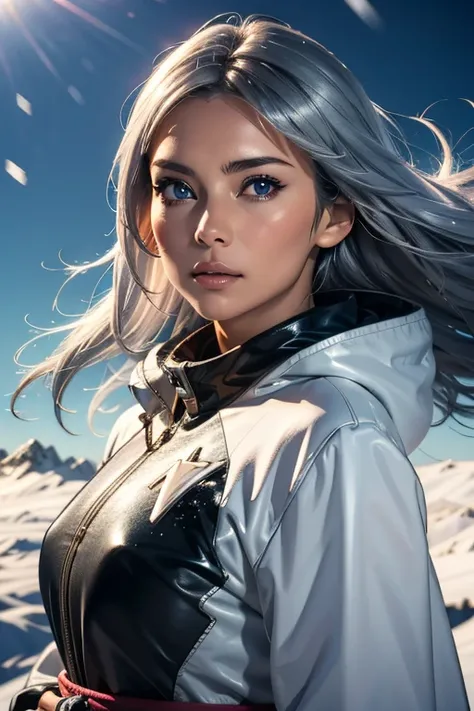 One girl, Summit, Silver hair tousled by the wind, 雪のSummitを映す目, Alpine Costume, Snowstorm all around, With ice crystals, masterpiece, Highest quality, Highlights in ArtStation