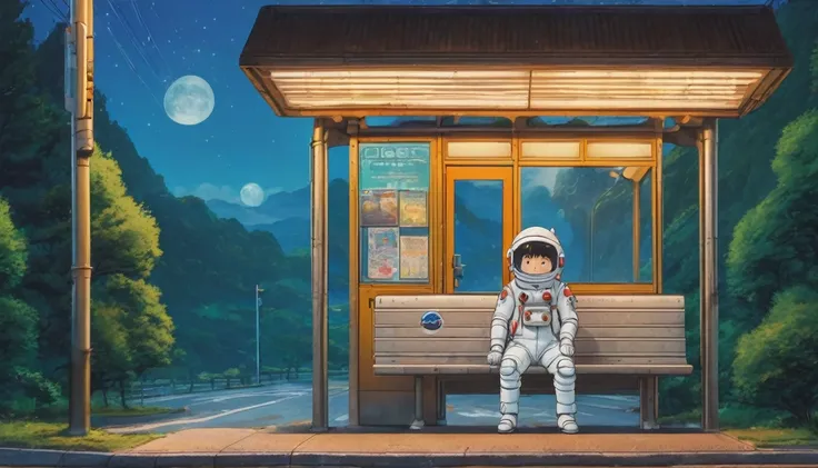 Cute spaceman waiting at moon bus stop, Hayao Miyazaki style, Studio Ghibli style, masterpiece, best quality, very aesthetic, absurdres #Base Model #Anime