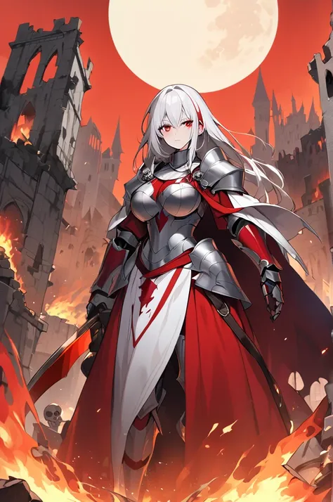 Pale woman, red eyes with blood red tears, long white hair, large breasts, dressed in mediavau armor without helmet, with a templar tunic above the armor,Holding a scythe with a bone handle and a skull behind the blade, background of medieval city in ruins...