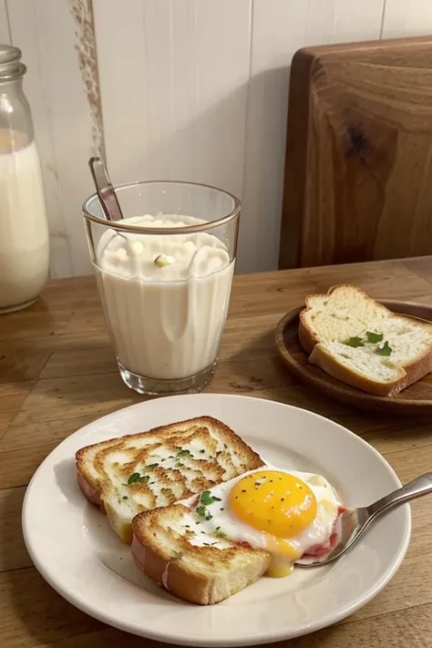 The image must contain cheese toast with mortadella on a plate, separate two warm eggs in a glass, also add a glass of milk, a glass of coffee, and a glass of juice