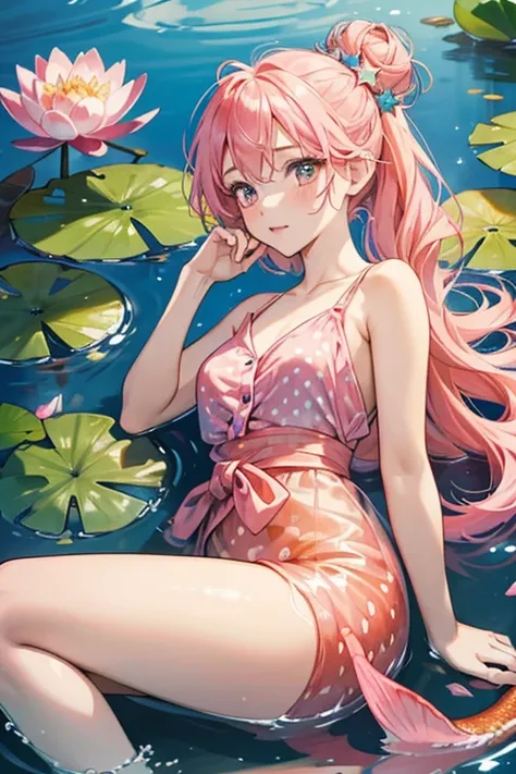 Water Lily is a pink-skinned girl with normal black button eyes and bright pink blushing cheeks. Her hair is teal in color with mostly straight bangs and few loose curls on her bangs and framing her head. She wears her hair up in a messy, curled bun with a...